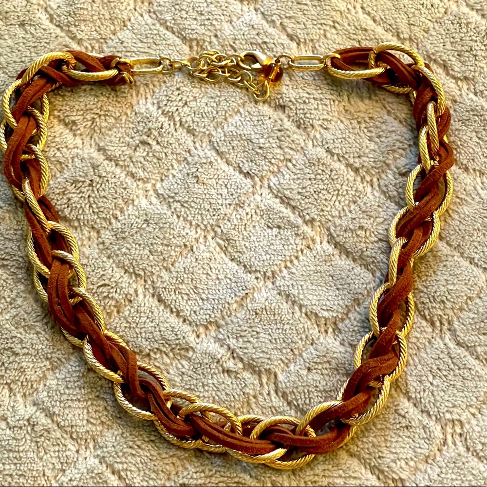 Braided gold chain and brown leather necklace